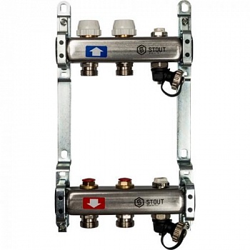 Коллектор STOUT из нержавеющей стали без расходомеров, с клапаном вып. воздуха и сливом 2 вых.